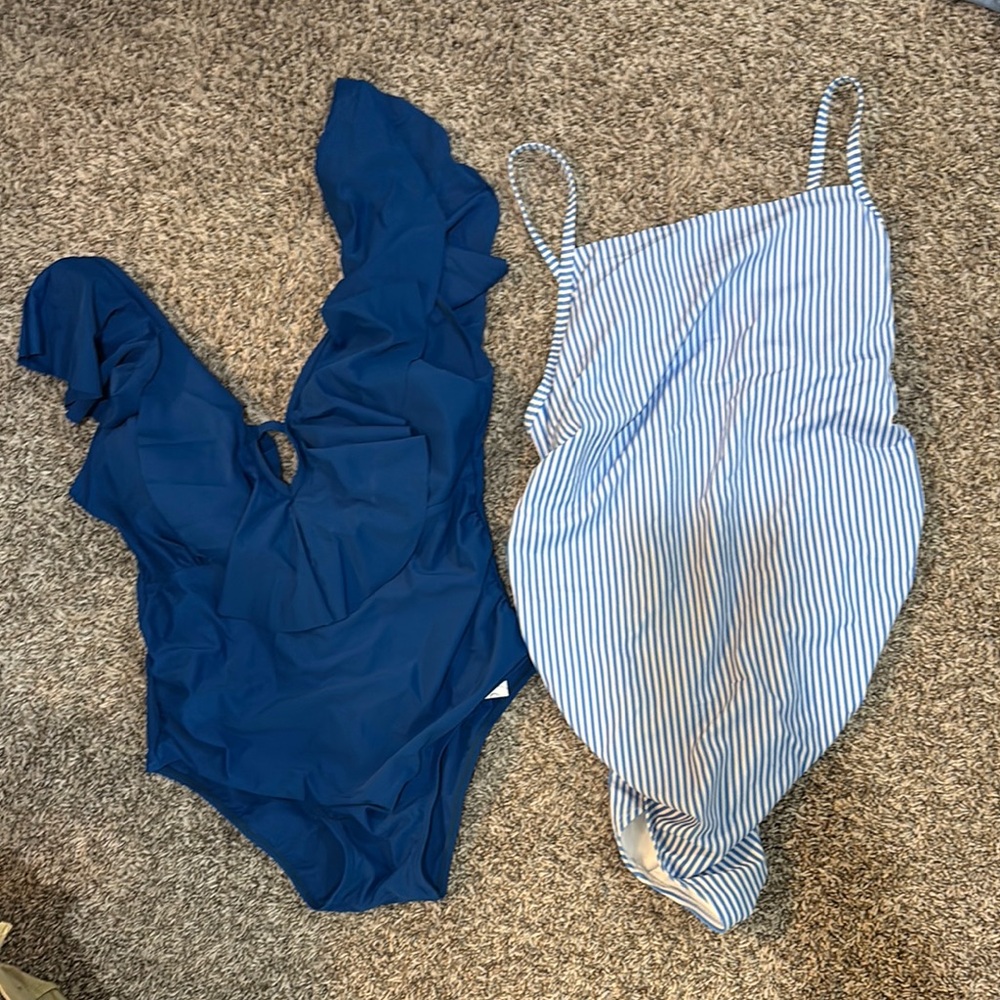 Blue and Striped Maternity Swimsuit Set